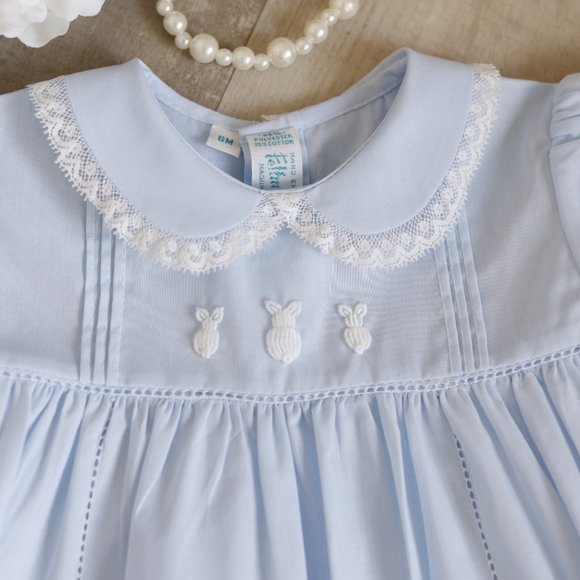 Blue Heirloom Dress Bunny Embroidery Lace Spring Portrait Feltman Brothers NWT - Picture 3 of 7